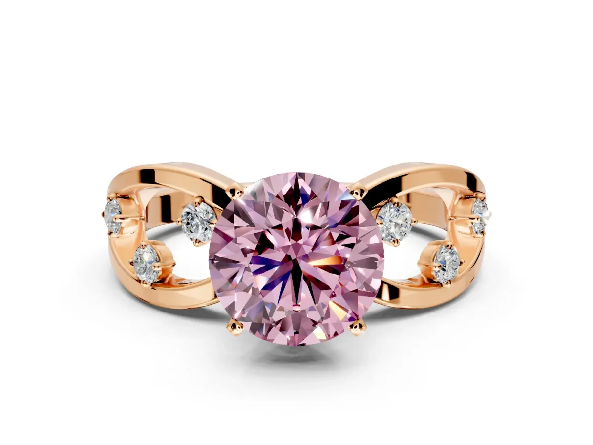 Solitaire Engagement Ring Setting for Fancy Pink Round Cut Center with Criss-Cross Accent Band and Prong Head in Rose Gold