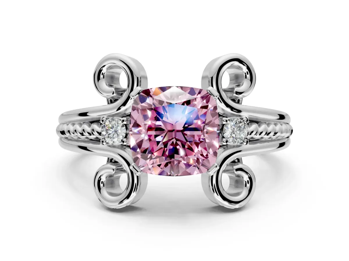 Solitaire Engagement Ring Setting for Fancy Pink Cushion Cut Center with Twisted Band and Scroll Prong Head in Platinum