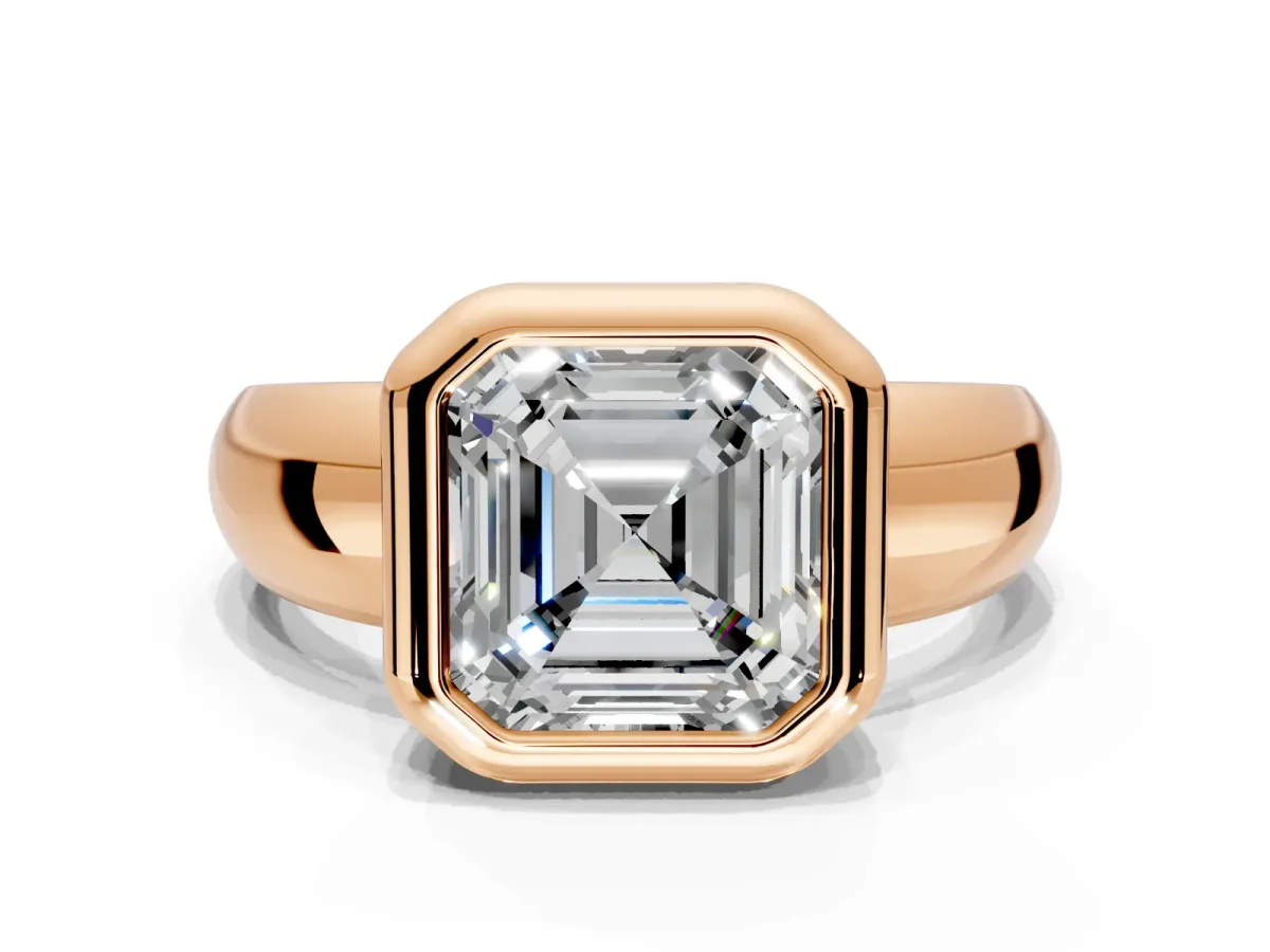 Solitaire Engagement Ring Setting for Asscher Cut Center with Wide Band and Bezel Head in Rose Gold