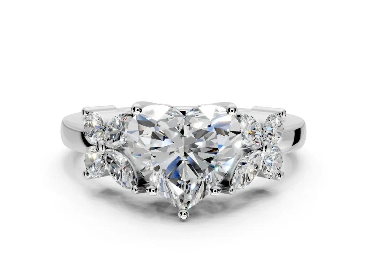 Floral Engagement Ring Setting for Heart-Shaped Center with Marquise Cluster Shoulders and Prong Head in White Gold