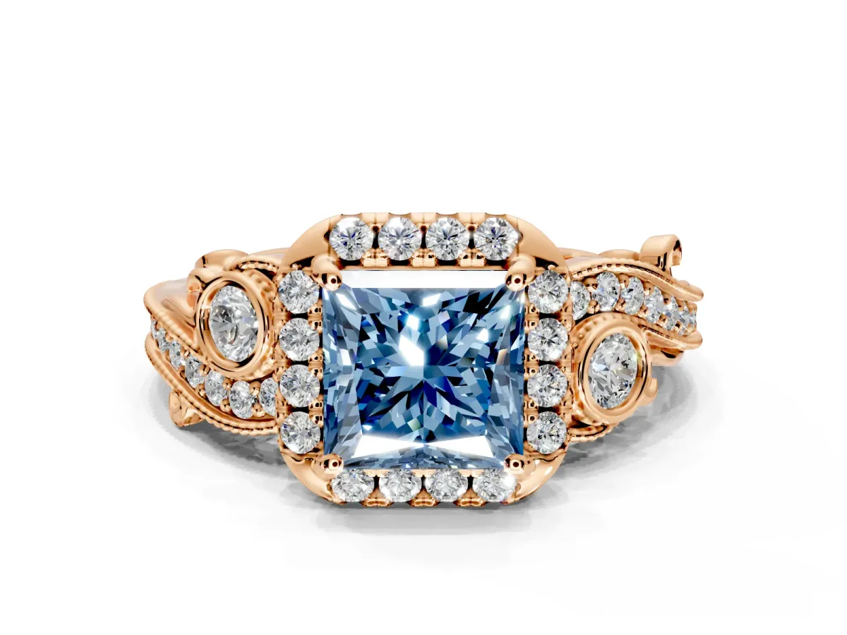 Bypass Halo Engagement Ring Setting for Fancy Blue Princess Cut Center with Bezel Accents, Milgrain and Prong Head in Rose Gold