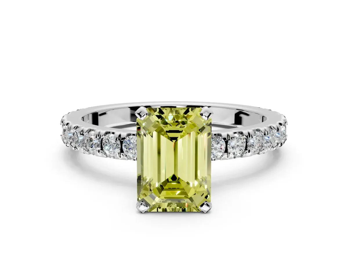 Solitaire Engagement Ring Setting for Fancy Yellow Emerald Cut Center with Fine Pave Band and Claw Prong Head in Sterling Silver