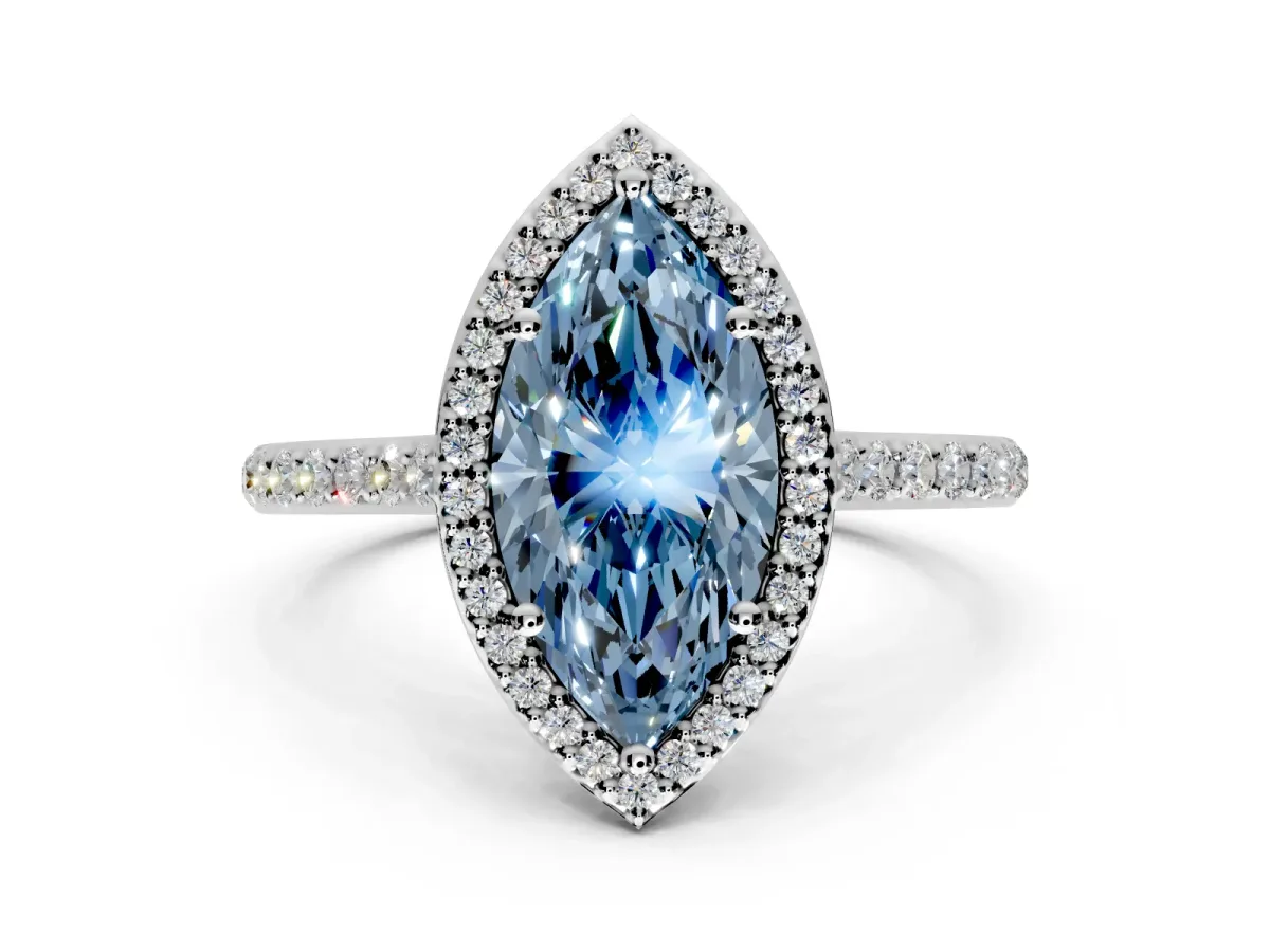 Halo Engagement Ring Setting for Fancy Blue Marquise Center with Pave Accents, Heart Basket and Prong Head in Platinum