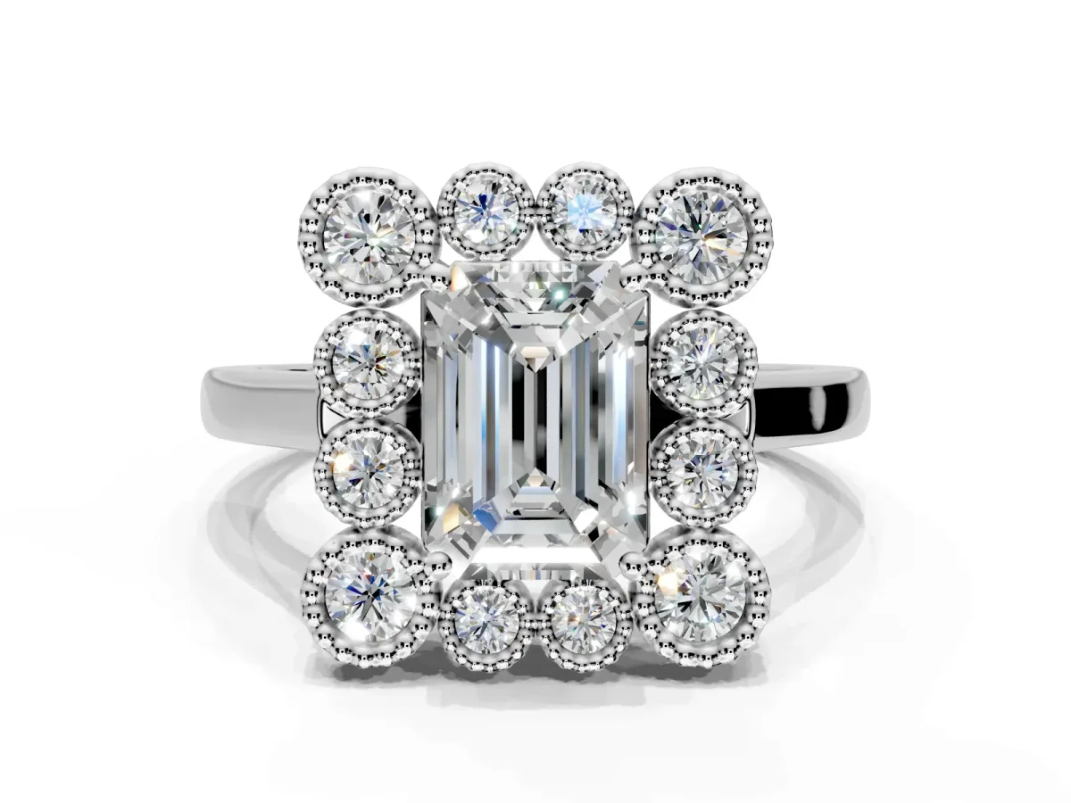 Cluster Halo Engagement Ring Setting for Emerald Cut Center with Milgrain Bezel Accents and Prong Head in Platinum