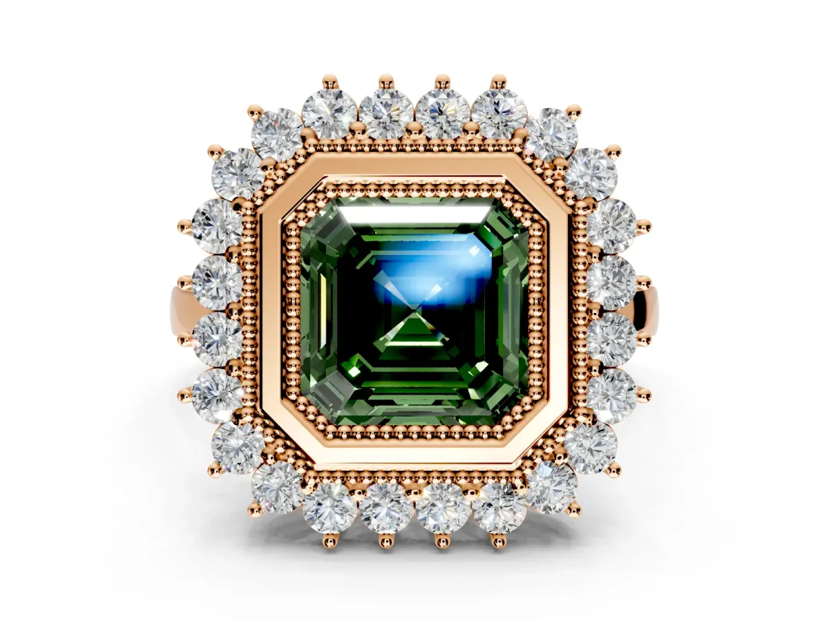 Halo Engagement Ring Setting for Fancy Green Asscher Cut Center with Milgrain Bezel Rim, Plain Band and Prong Head in Rose Gold