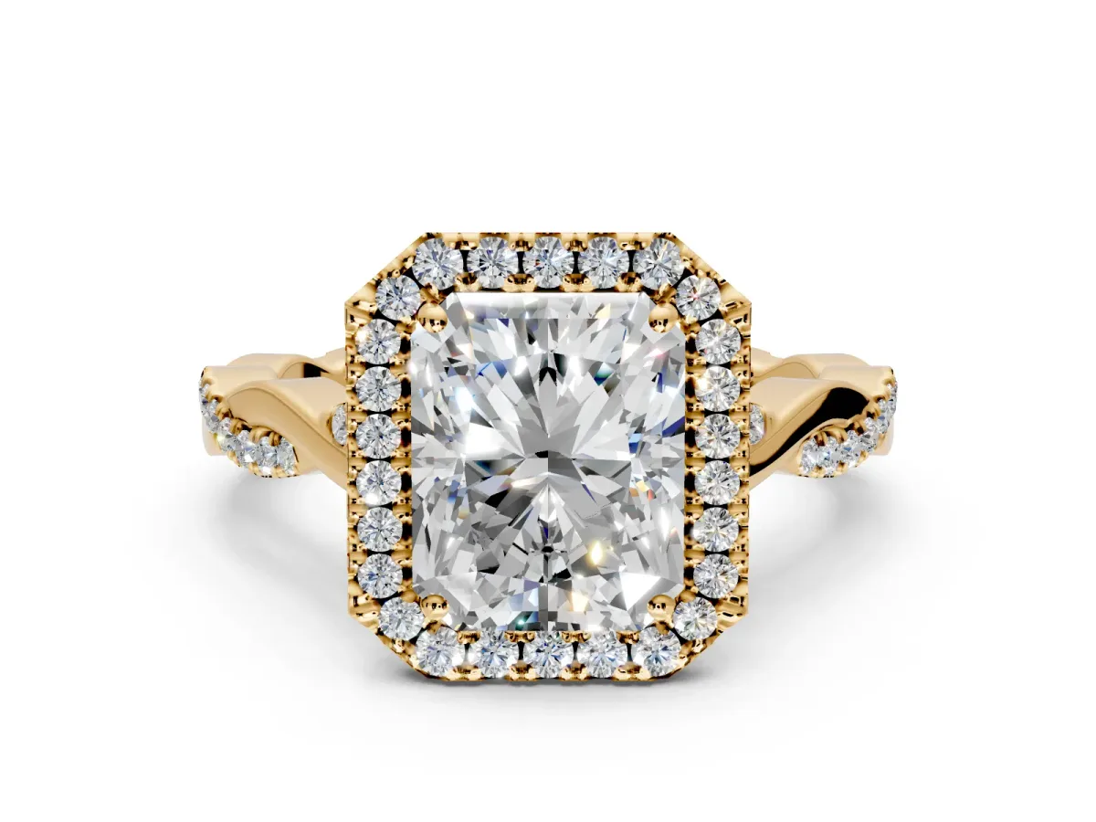 Halo Engagement Ring Setting for Radiant Cut Center with Twist Band and Prong Head in Yellow Gold