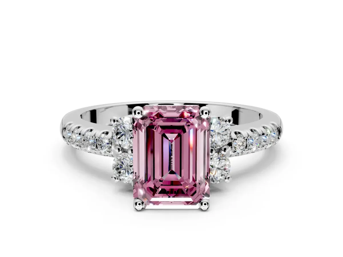 Paired Accent Engagement Ring Setting for Fancy Pink Emerald Cut Center with Pave Band and Prong Head in Platinum
