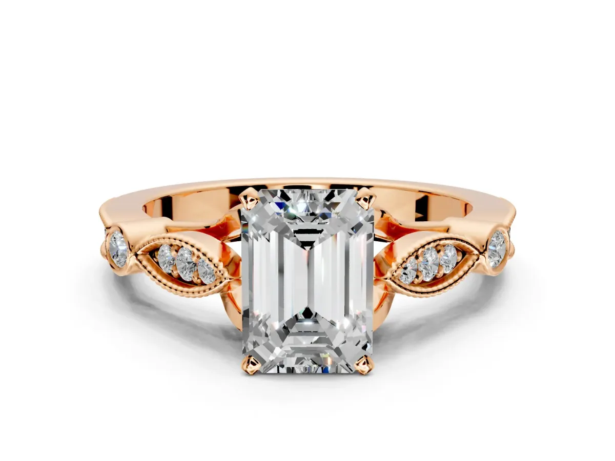 Solitaire Engagement Ring Setting for Emerald Cut Center with Marquise and Bezel Accents and Prong Head in Rose Gold