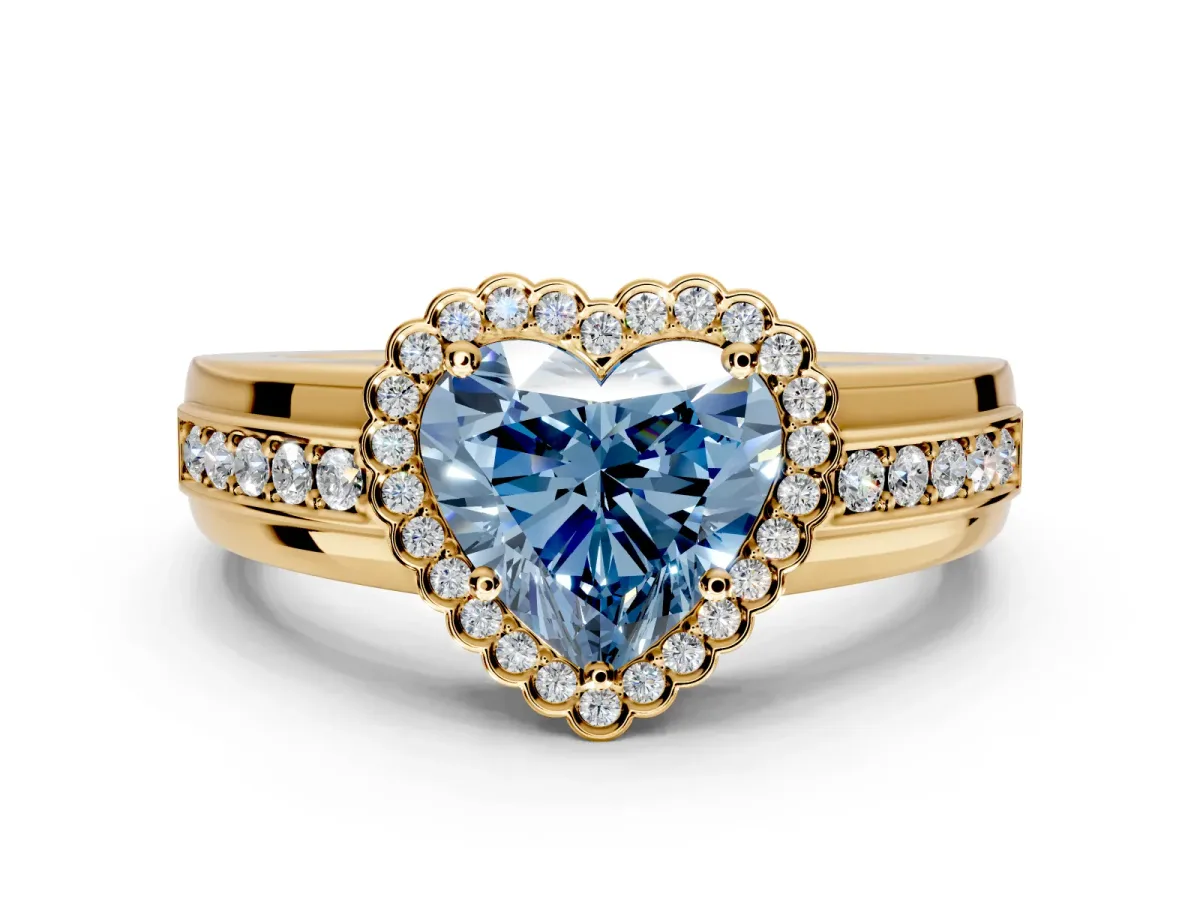 Halo Engagement Ring Setting for Fancy Blue Heart-Shaped Center with Wide Band, Inlaid Accent Row and Prong Head in Yellow Gold