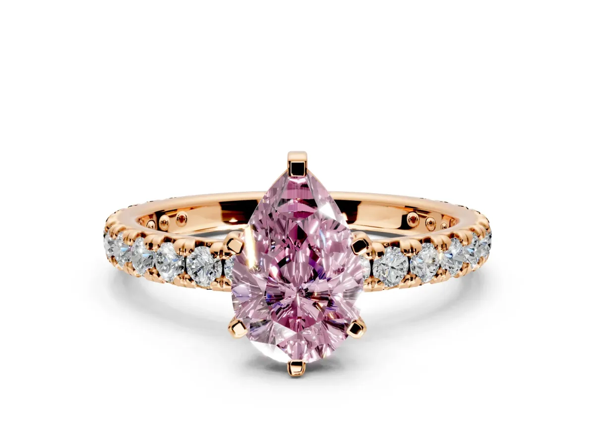 Solitaire Engagement Ring Setting for Fancy Pink Pear-Shaped Center with Shared-Prong Accents and Prong Head in Rose Gold