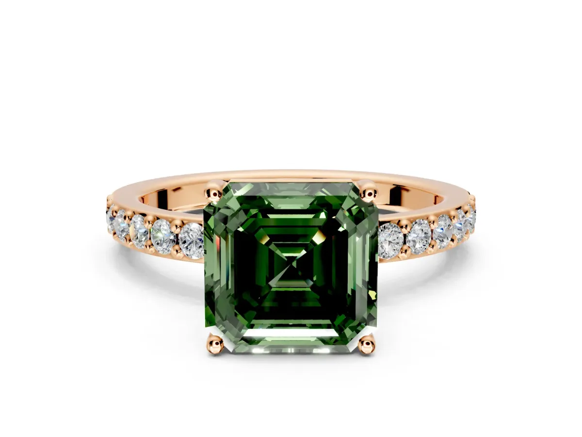 Solitaire Engagement Ring Setting for Fancy Green Asscher Cut Center with Round Cut Pave Band and Prong Head in Rose Gold