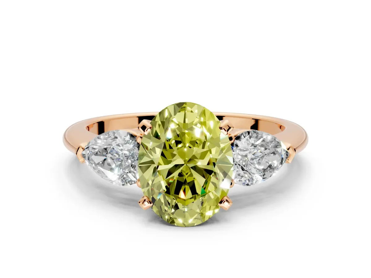 3 Stone Engagement Ring Setting for Fancy Yellow Oval Center with Large Pear-Shaped Accents and Prong Head in Rose Gold