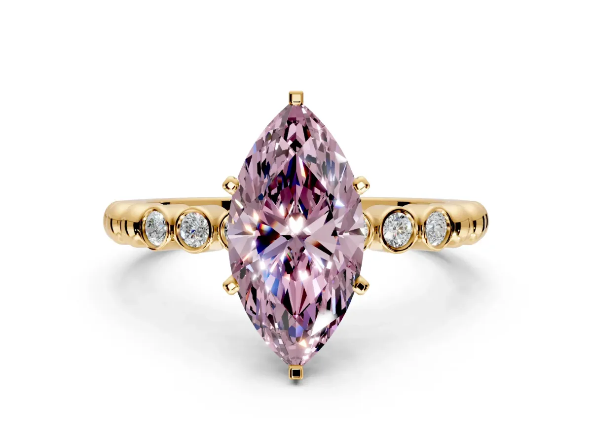 Solitaire Engagement Ring Setting for Fancy Pink Marquise Center with Bezel-Dot Beaded Band and Prong Head in Yellow Gold