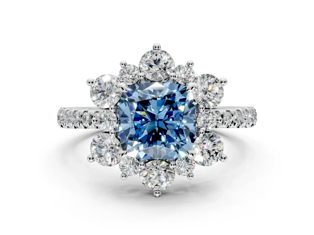 Floral Halo Engagement Ring Setting for Fancy Blue Cushion Cut Center with Pave Accents and Prong Head in White Gold