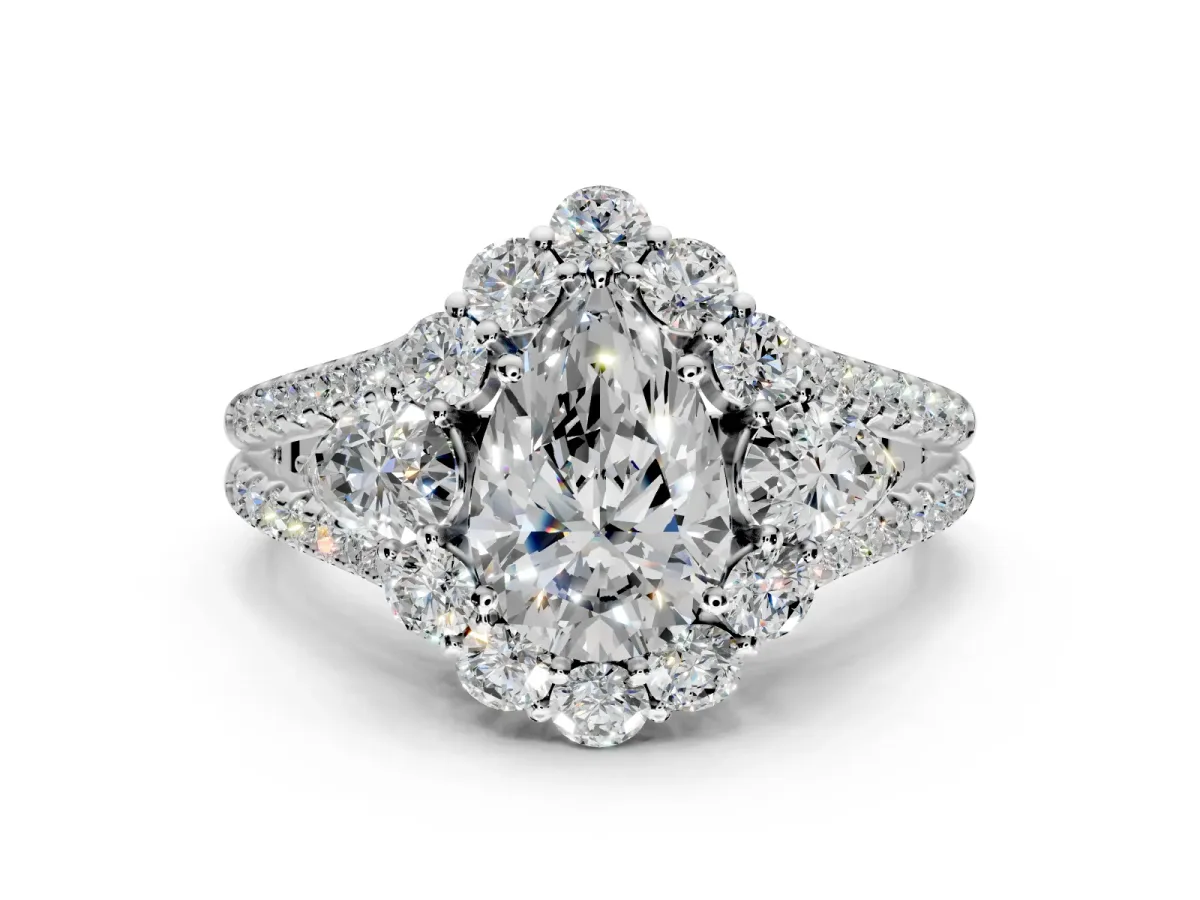 Halo Engagement Ring Setting for Pear-Shaped Center with Two-Strand Split Shank and Prong Head in Platinum