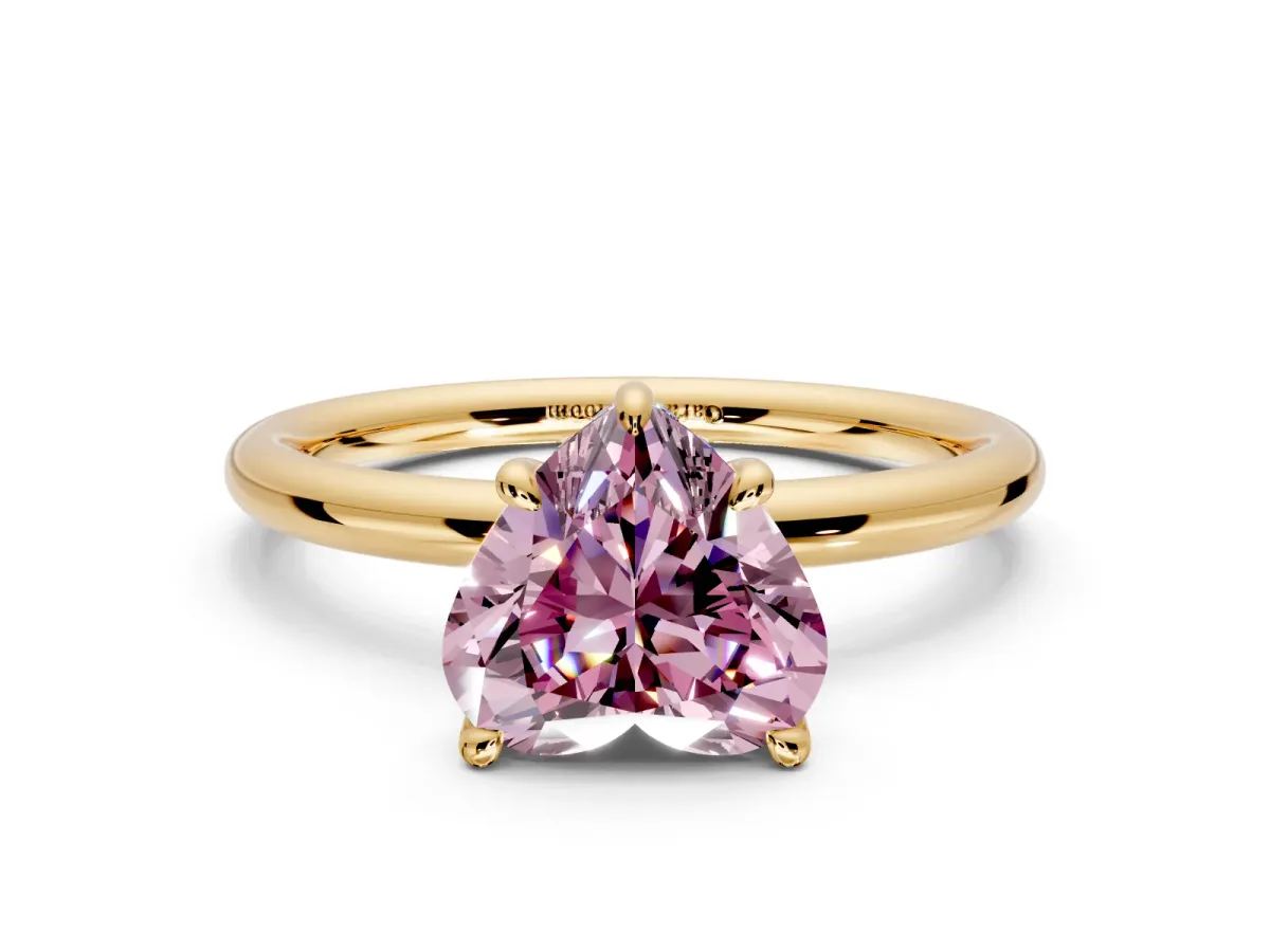 Hidden Halo Engagement Ring Setting for Fancy Pink Heart-Shaped Center with Thin Rounded Band and Prong Head in Yellow Gold