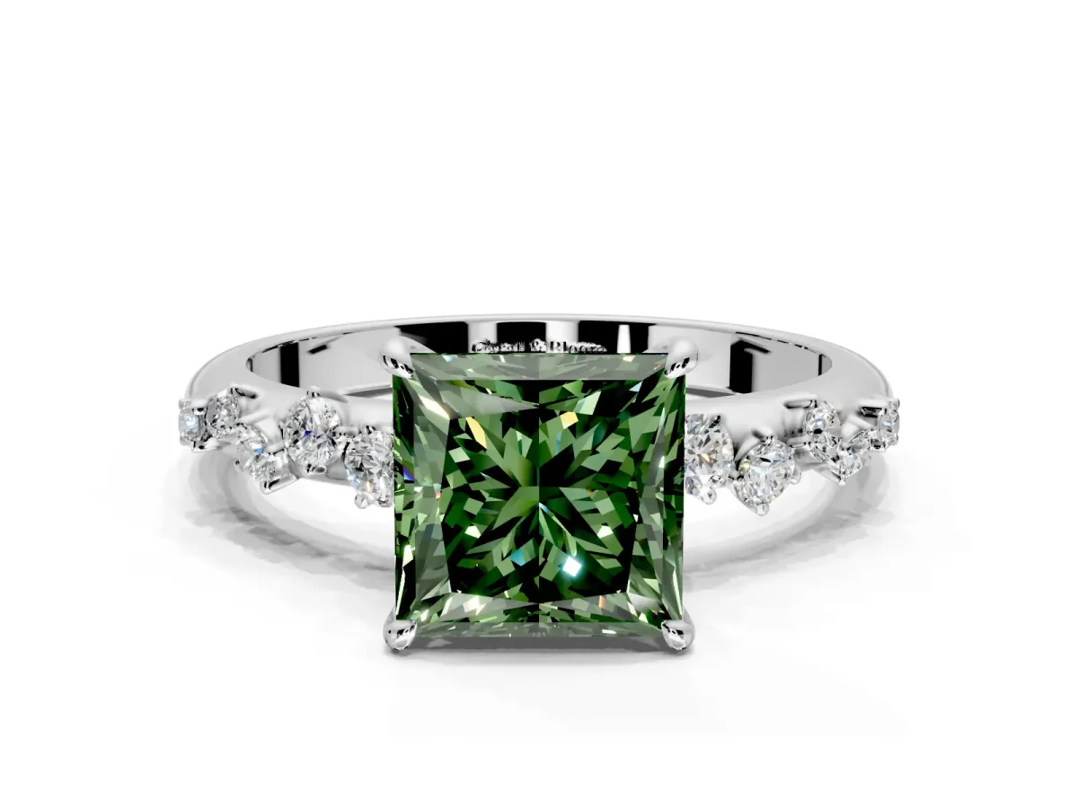 Cluster Engagement Ring Setting for Fancy Green Princess Cut Center with Round Cut Accent Band and Prong Head in Platinum