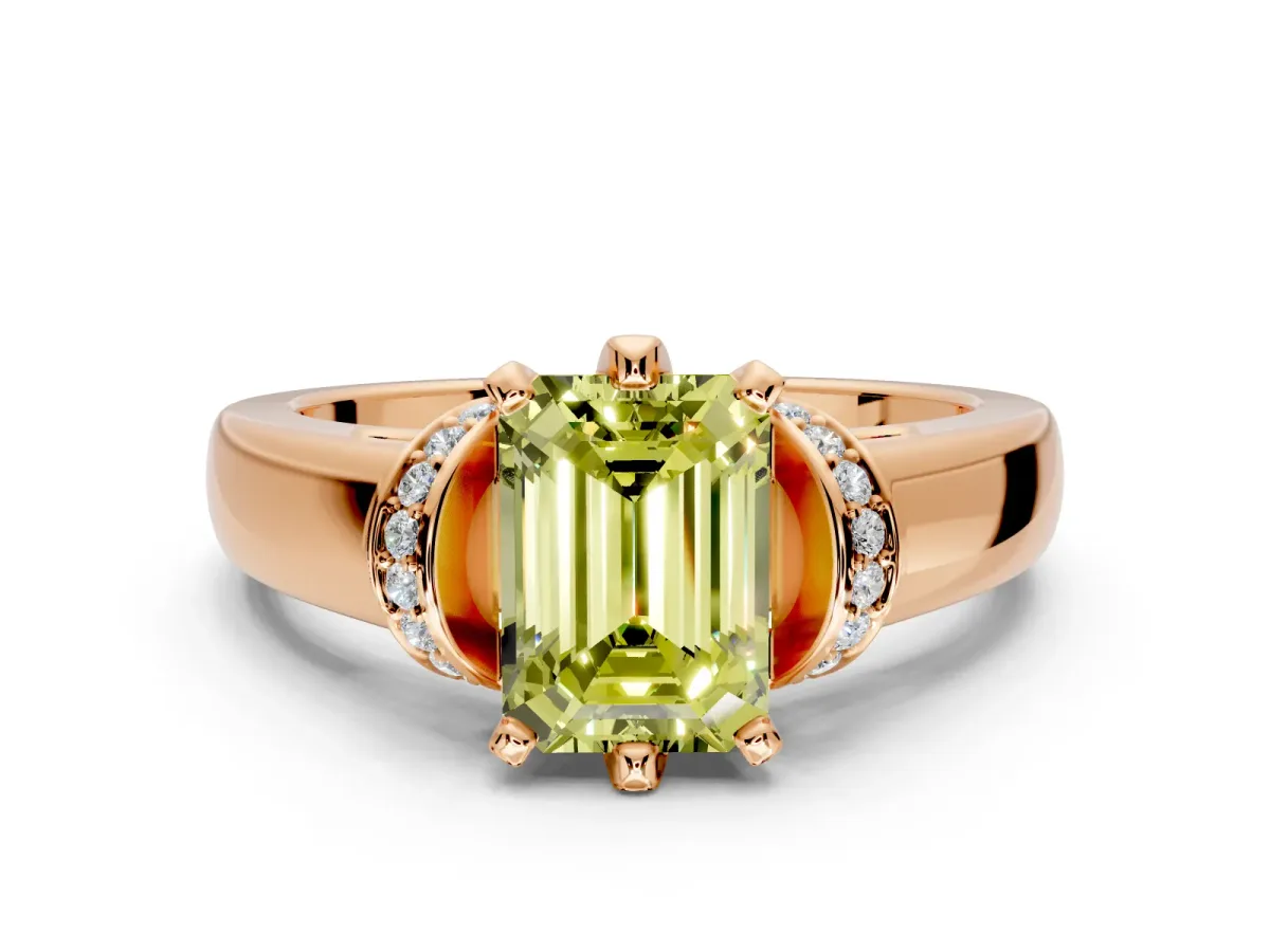 Solitaire Engagement Ring Setting for Fancy Yellow Emerald Cut Center with Wide Band, Pave Collar and Prong Head in Rose Gold