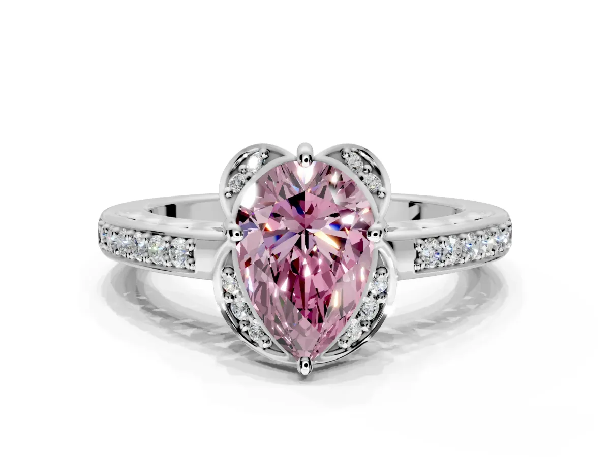 Floral Engagement Ring Setting for Fancy Pink Pear-Shaped Center with Four Accent Clusters and Prong Head in Sterling Silver