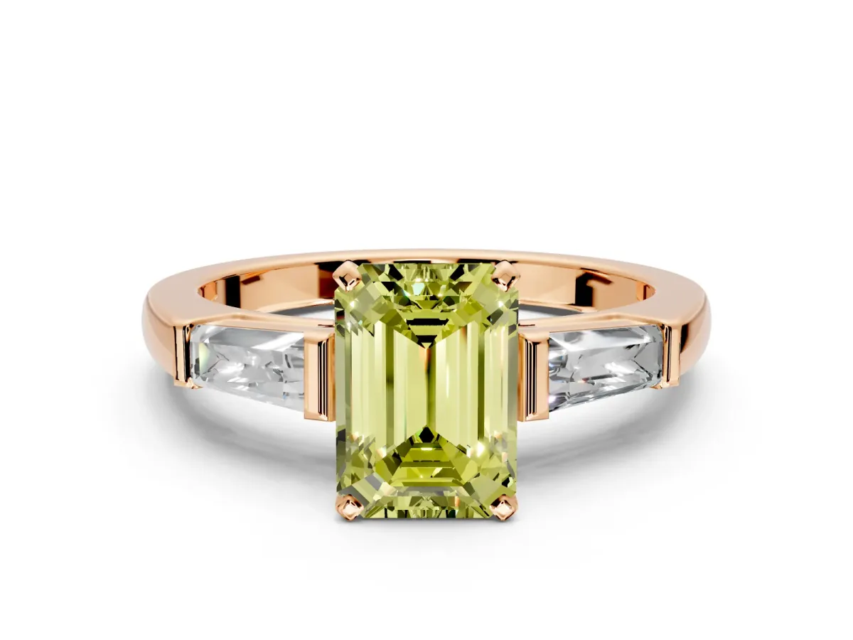 3 Stone Engagement Ring Setting for Fancy Yellow Emerald Cut Center with Tapered Baguettes, Plain Band and Prong Head in Rose Gold