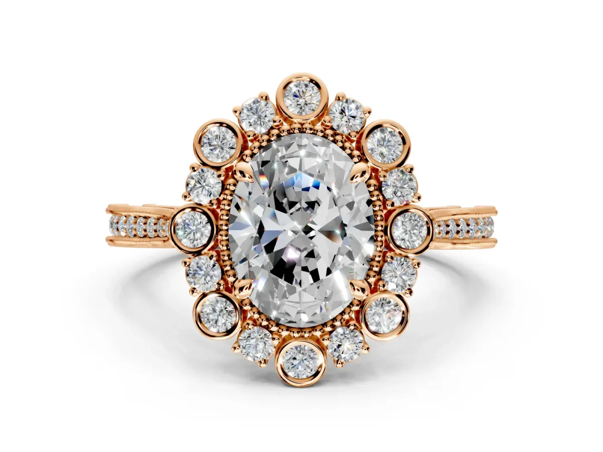 Milgrain Halo Engagement Ring Setting for Oval Center with Bezel Point Accents and Prong Head in Rose Gold