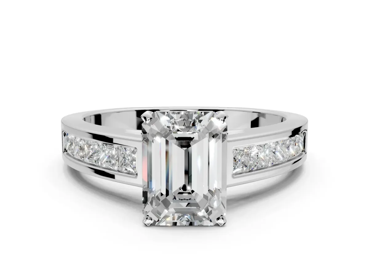 Solitaire Engagement Ring Setting for Emerald Cut Center with Princess Cut Channel Band and Prong Head in Platinum