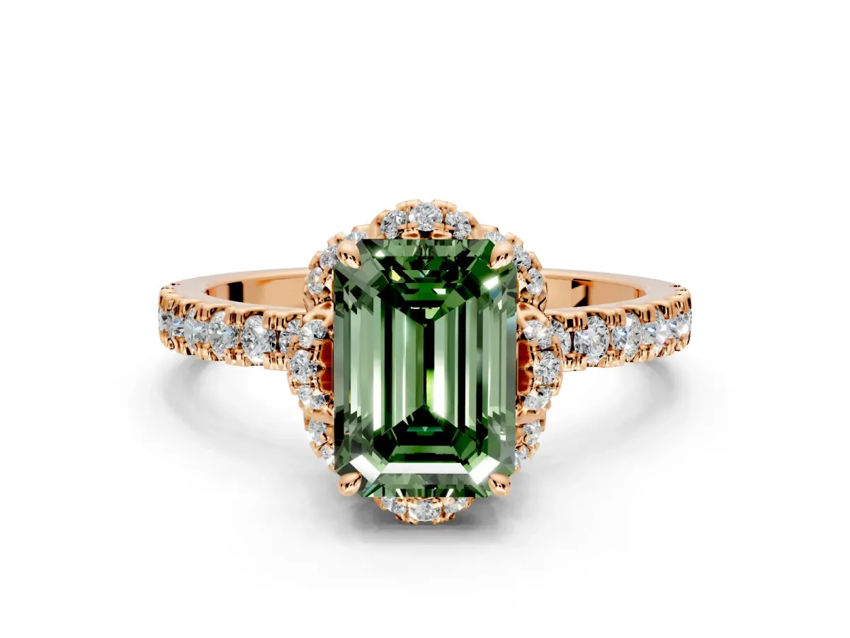 Halo Engagement Ring Setting for Fancy Green Emerald Cut Center with Openwork Halo, Pave Band and Prong Head in Rose Gold