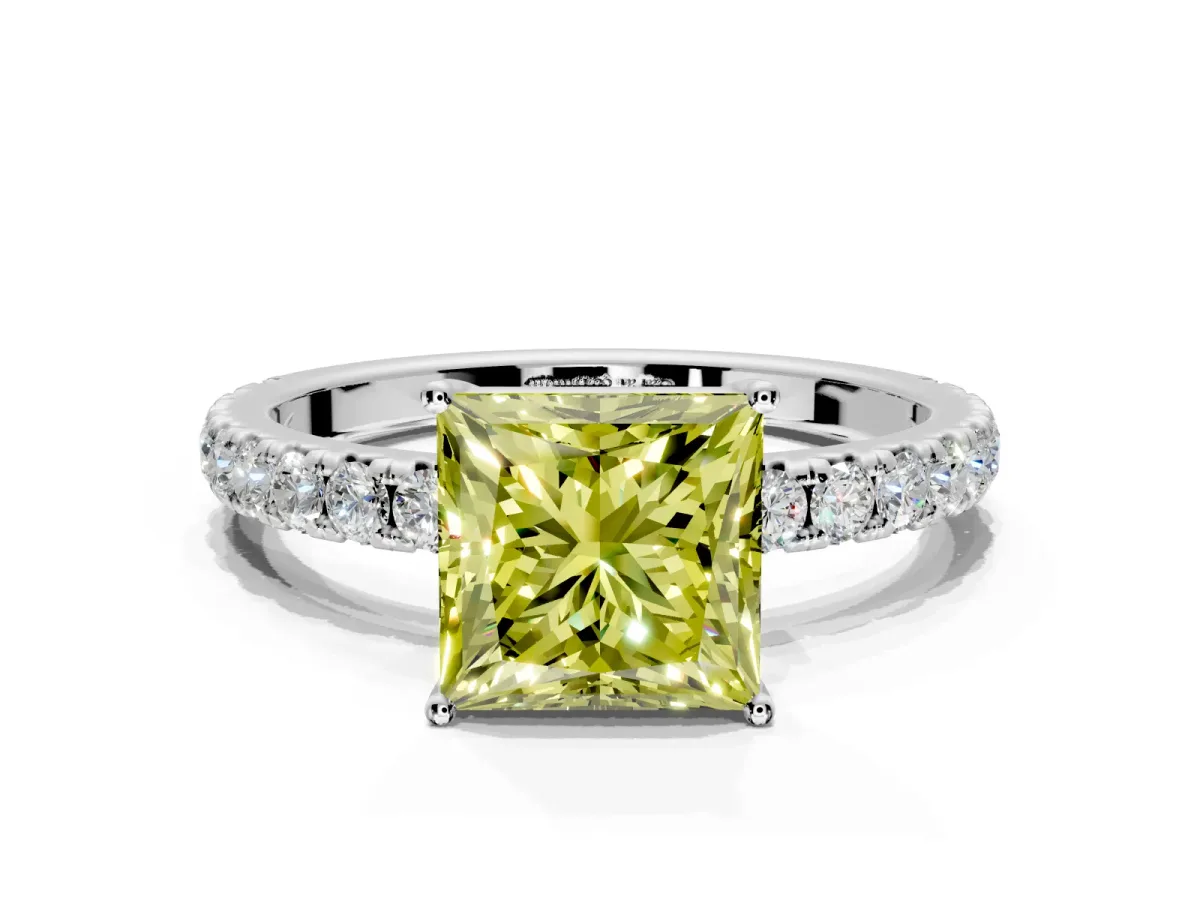 Solitaire Engagement Ring Setting for Fancy Yellow Princess Cut Center with Large Accent Band and Prong Head in Platinum