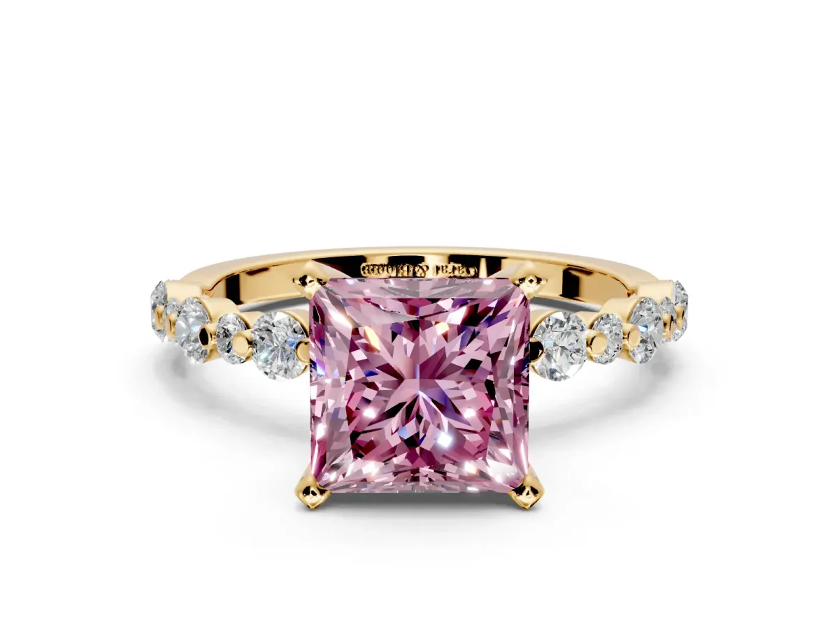 Solitaire Engagement Ring Setting for Fancy Pink Princess Cut Center with Alternating Size Accents and Prong Head in Yellow Gold
