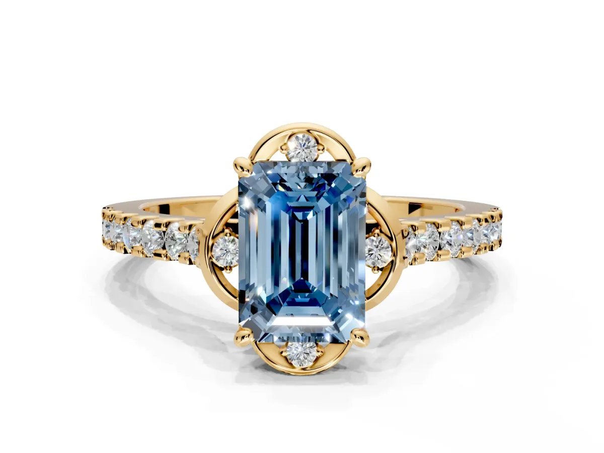 Floral Engagement Ring Setting for Fancy Blue Emerald Cut Center with Pave Band and Floral Prong Head in Yellow Gold