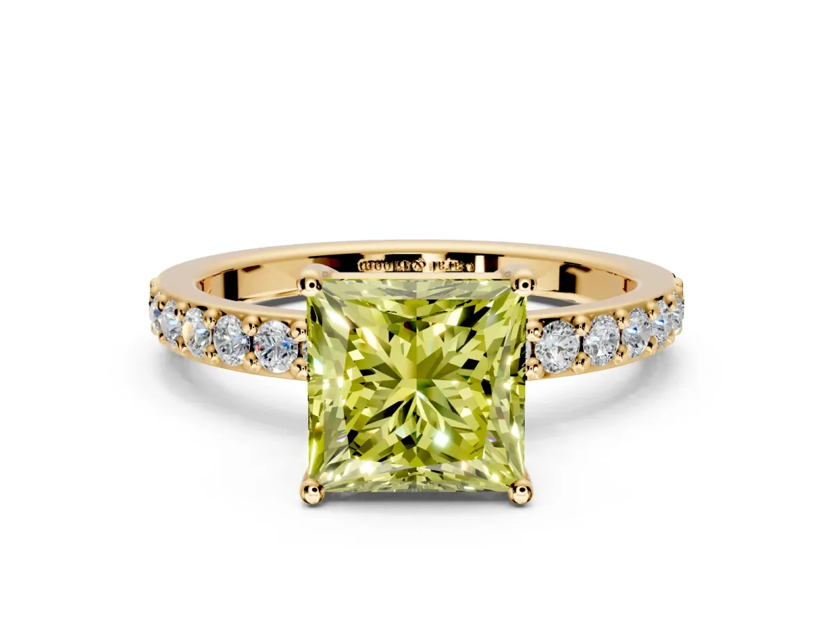 Solitaire Engagement Ring Setting for Fancy Yellow Princess Cut Center with Round Cut Pave Band and Prong Head in Yellow Gold