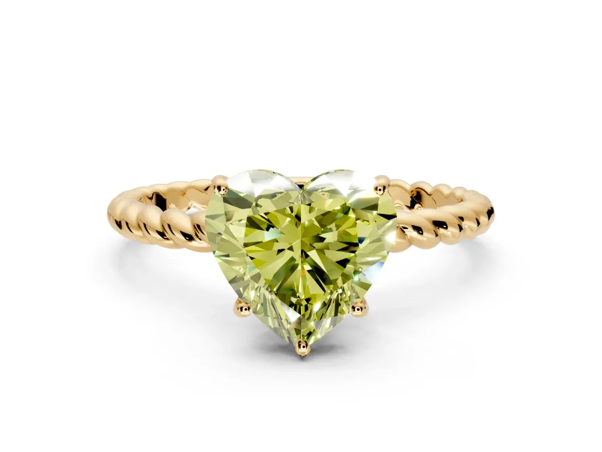 Solitaire Engagement Ring Setting for Fancy Yellow Heart-Shaped Center with Plain Twisted Rope Band and Prong Head in Yellow Gold