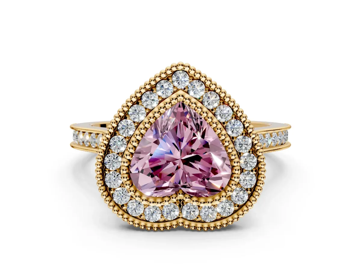 Halo Engagement Ring Setting for Fancy Pink Heart-Shaped Center with Milgrain Frame, Pave Band and Prong Head in Yellow Gold