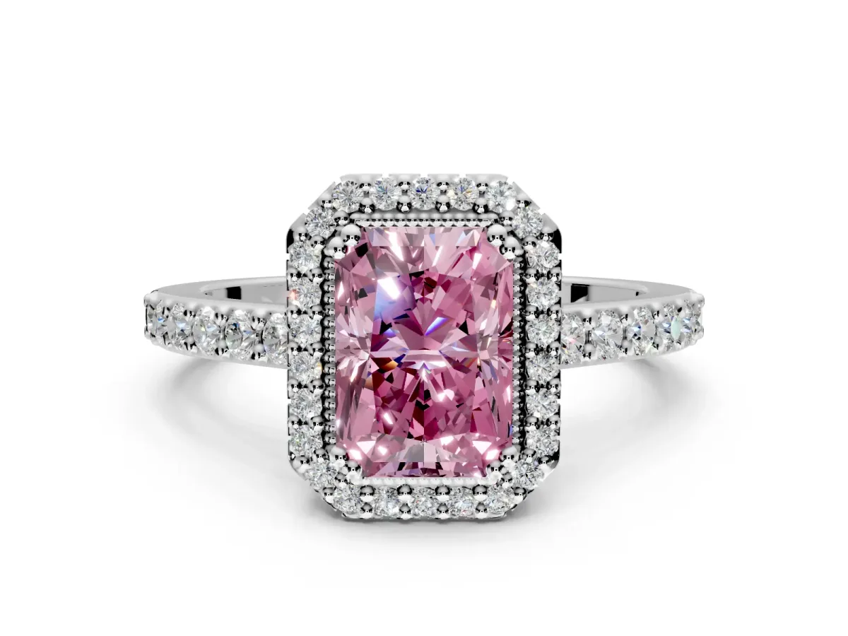 Halo Engagement Ring Setting for Fancy Pink Radiant Cut Center with Inner Milgrain Border and Prong Head in Sterling Silver