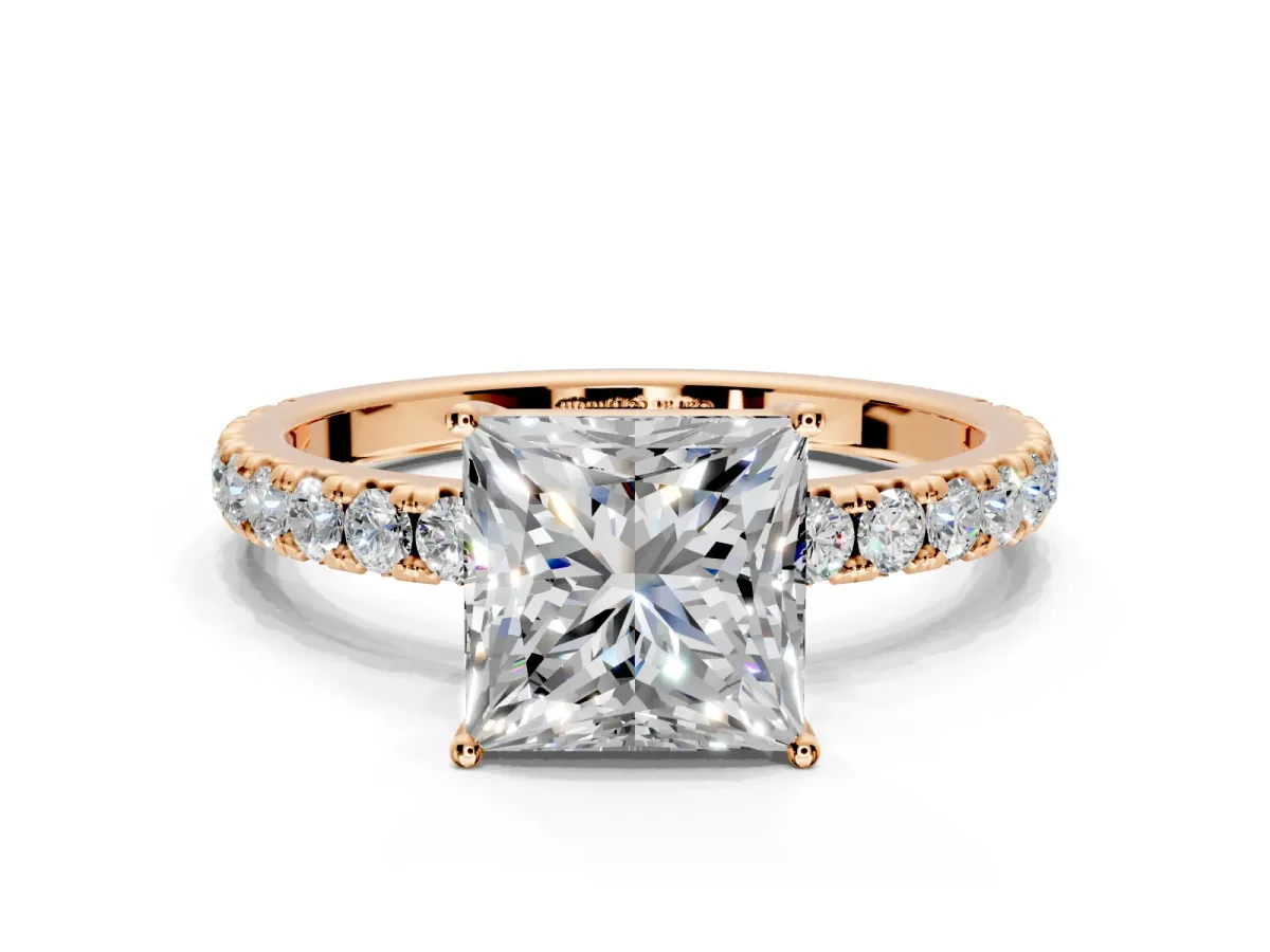 Solitaire Engagement Ring Setting for Princess Cut Center with Large Accent Band and Prong Head in Rose Gold