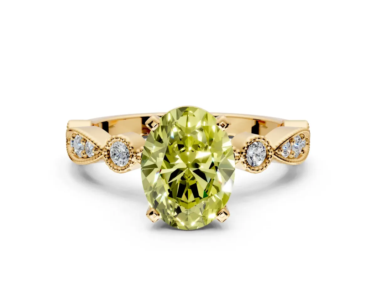 Solitaire Engagement Ring Setting for Fancy Yellow Oval Center with Milgrain Bezel Accents and Prong Head in Yellow Gold