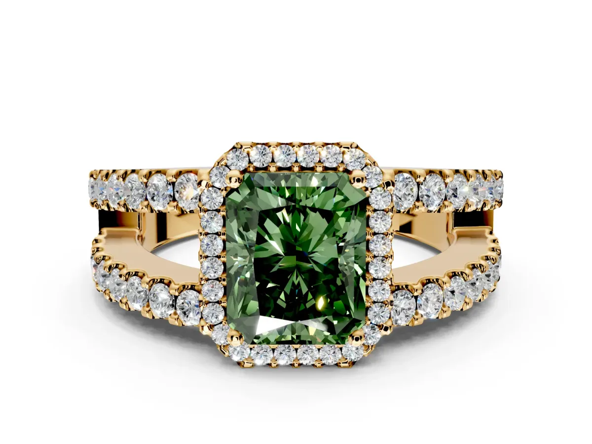 Halo Engagement Ring Setting for Fancy Green Radiant Cut Center with Wide-Open Pave Split Shank and Prong Head in Yellow Gold