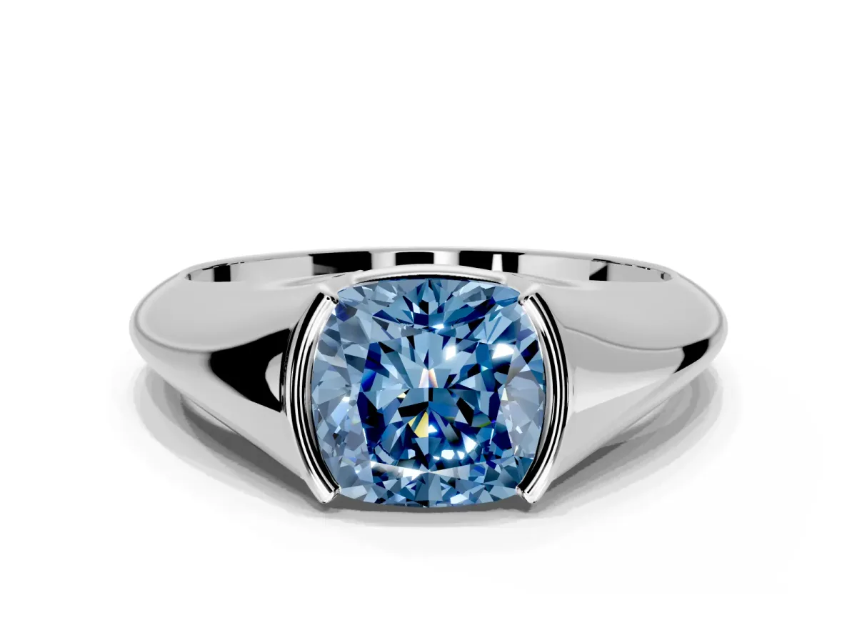 Tension Engagement Ring Setting for Fancy Blue Cushion Cut Center with Wide Tapered Band and Tension Head in Platinum