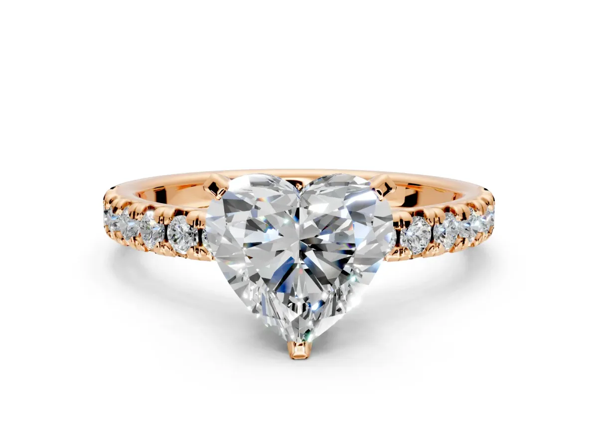 Solitaire Engagement Ring Setting for Heart-Shaped Center with Large Accents and Prong Head in Rose Gold