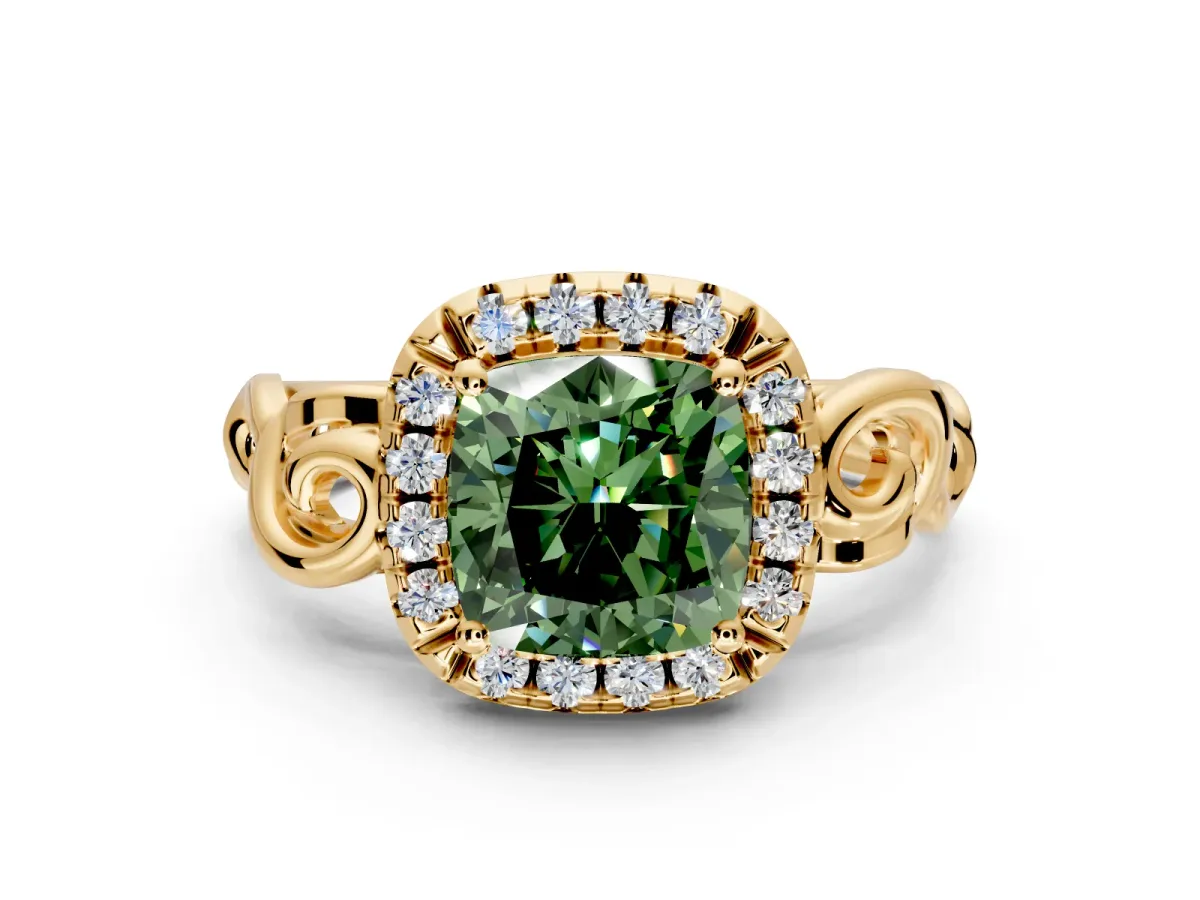 Halo Engagement Ring Setting for Fancy Green Cushion Cut Center with Open Scroll Shoulders and Prong Head in Yellow Gold