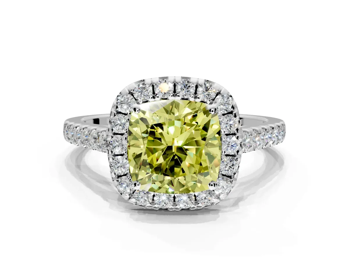 Halo Engagement Ring Setting for Fancy Yellow Cushion Cut Center with Narrowing Pave Band and Prong Head in Platinum
