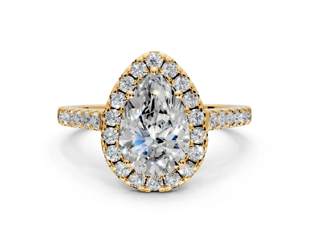 Halo Engagement Ring Setting for Pear-Shaped Center with Narrowing Pave Band and Prong Head in Yellow Gold