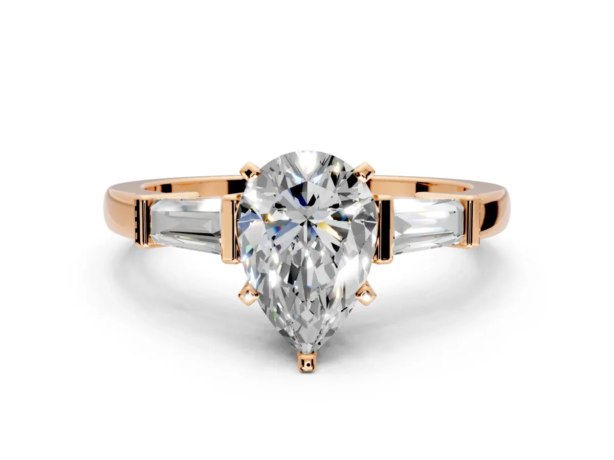 3 Stone Engagement Ring Setting for Pear-Shaped Center with Channel Baguette Accents and Prong Head in Rose Gold