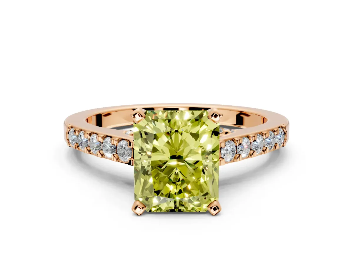 Solitaire Engagement Ring Setting for Fancy Yellow Radiant Cut Center with Crossover Accents and Prong Head in Rose Gold