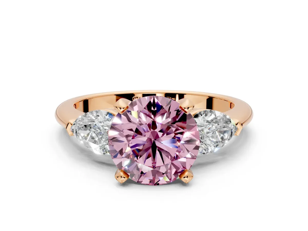 3 Stone Engagement Ring Setting for Fancy Pink Round Cut Center with Large Pear-Shaped Accents and Prong Head in Rose Gold