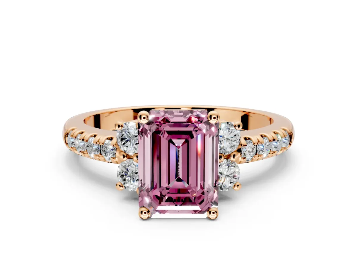 Paired Accent Engagement Ring Setting for Fancy Pink Emerald Cut Center with Pave Band and Prong Head in Rose Gold
