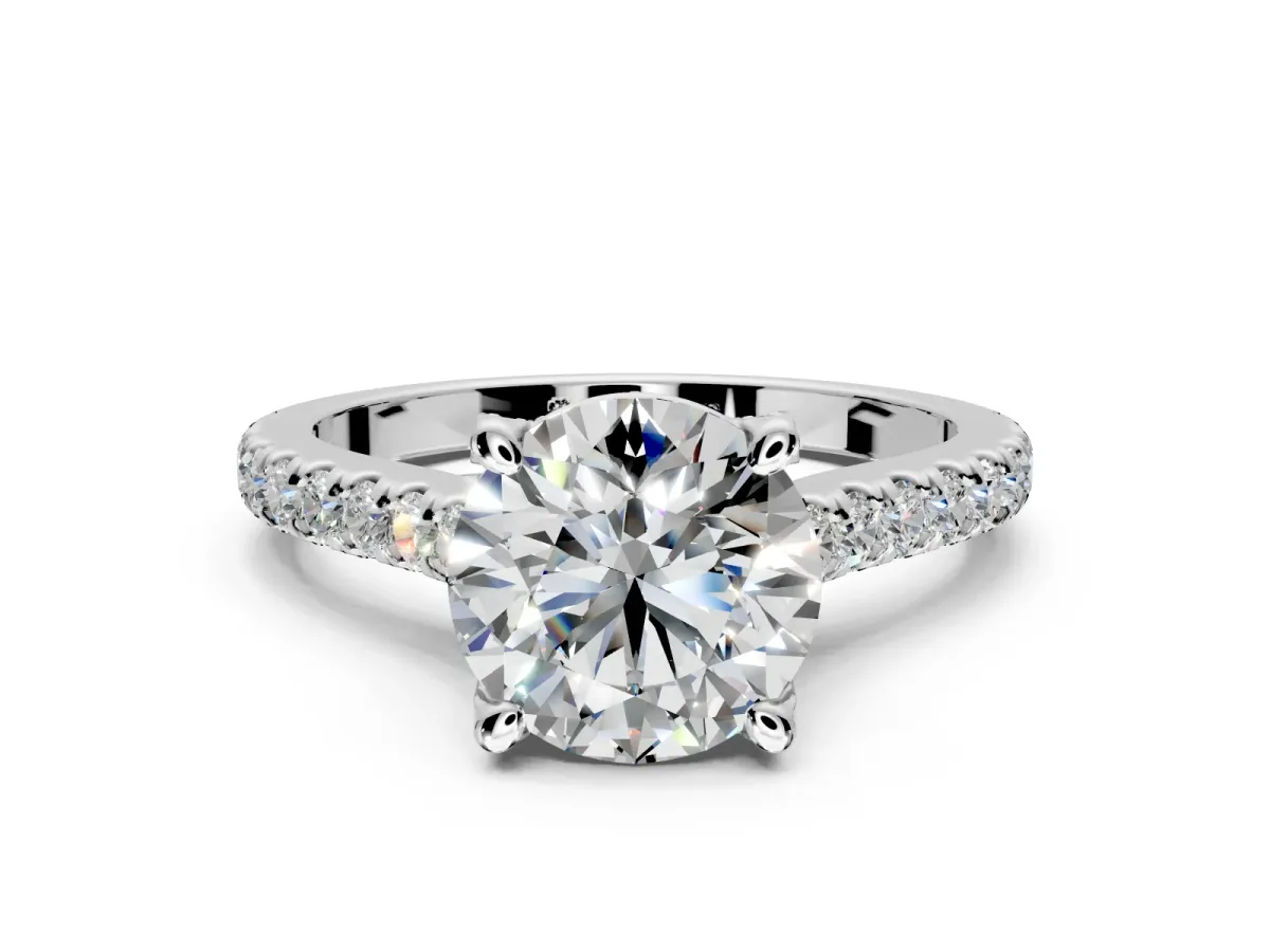 Solitaire Engagement Ring Setting for Round Cut Center with Widening Pave Band and Claw Prong Head in Platinum