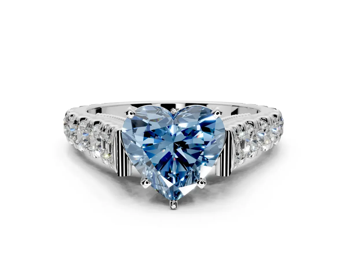Solitaire Engagement Ring Setting for Fancy Blue Heart-Shaped Center with Pave Cathedral Shoulders and Prong Head in Sterling Silver