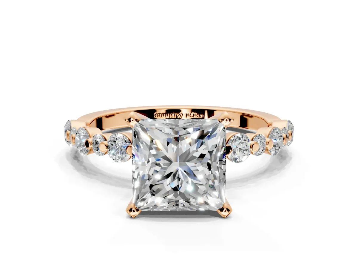 Solitaire Engagement Ring Setting for Princess Cut Center with Alternating Size Accents and Prong Head in Rose Gold