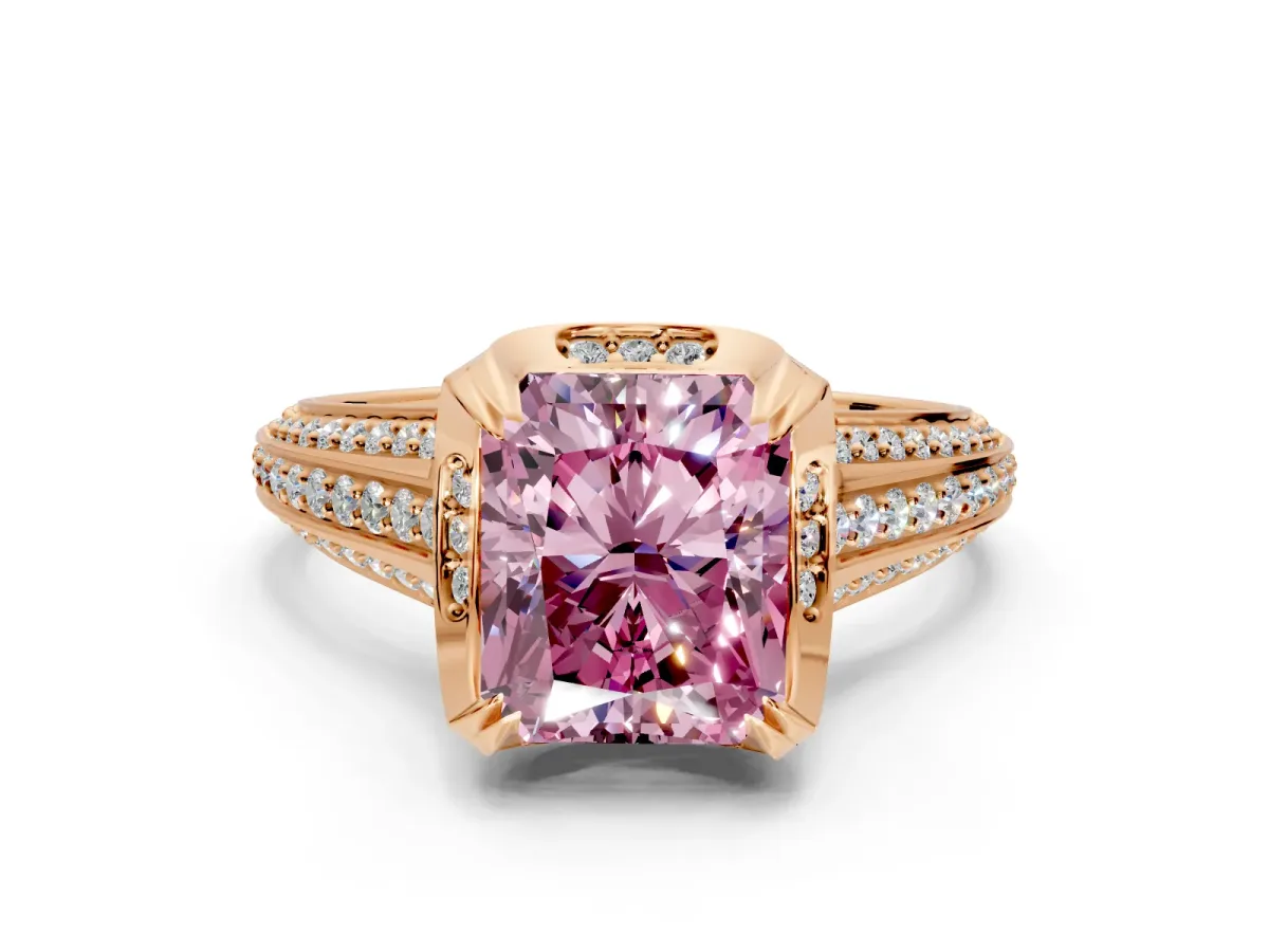 Solitaire Engagement Ring Setting for Fancy Pink Radiant Cut Center with Accented Split Shank and Prong Head in Rose Gold